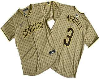 Men%27s San Diego Padres #3 Jackson Merrill Khaki Pinstripe Limited Stitched Jersey